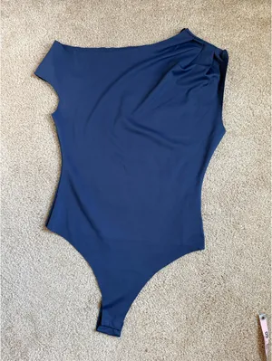 Iris Denim Blue Asymmetrical Bodysuit.  Size Medium thumbnail 2