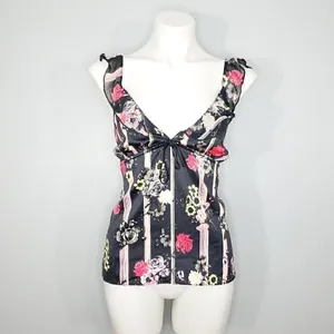 Victoria's Secret Floral Stripe Ruffle Cami Tie Front Satin Camisole Lingerie L thumbnail 2