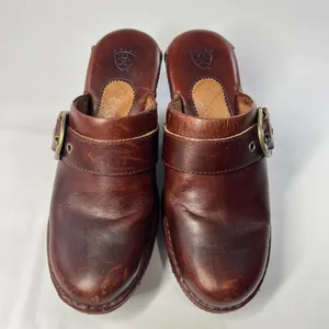 Ariat Womens 7.5B Brown Leather Wedge Clogs Buckle Mules Comfort Shoes Casual‎ thumbnail 2