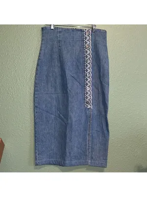 Vintage Jean skirt • lace embroidered detail • 90s • made in USA • SWITCH thumbnail 2