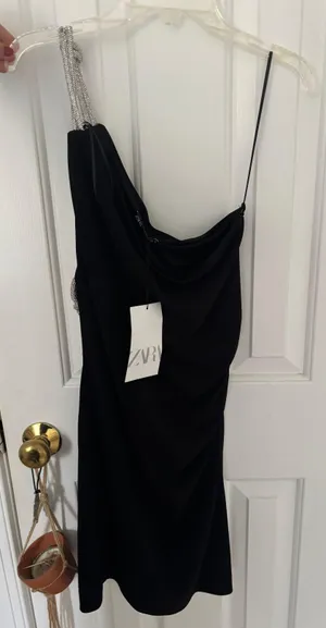 ZARA NWT Black one shoulder dress with silver diamanté buckle thumbnail 1