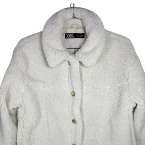Zara Cream Faux Shearling Teddy Jacket Button Front Collared Off White Medium thumbnail 2