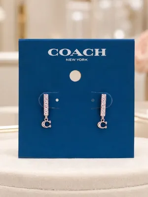 Coach Rose Gold Pavé Bar Stud Earrings C Logo Drop NWT thumbnail 3