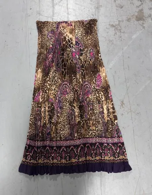 Y2k Leopard Paisley Print Pleated Midi Skirt Purple Brown Smocked Waist Medium thumbnail 1