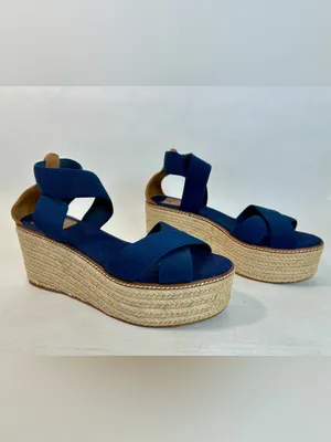 Tory Burch Frieda Espadrille Wedge Sandals in Navy Blue and Tan size 9 thumbnail 2