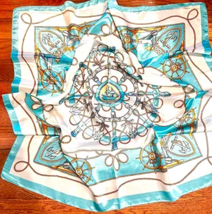 Vintage Square Sailing BOAT,WHEEL&Anchor 35/35 Oversized TEAL satin Silky SCARF thumbnail 2