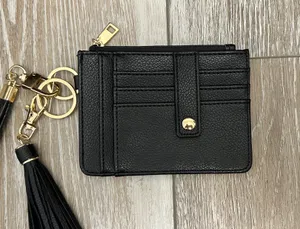 Black Leather Faux (?) ID Cards Wallet Key Fob Tassel Accent Wristlet Strap thumbnail 4