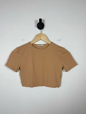 Zara Cropped Fitted Short Sleeve Tee Tan Stretch Top Size M thumbnail 3