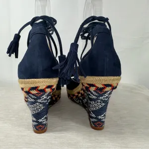 Cabi 6001 Women's US 6 Medium Navy Isla Wedge Ikat Suede Ankle Tie Sandals thumbnail 6