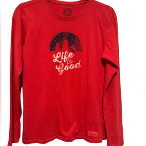 Life is Good Women’s Red Long Sleeve Old Fashioned Holiday Xmas Tree Shirt S thumbnail 2