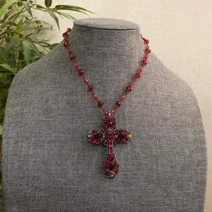 Y2K Gothic Whimsygoth Grunge Red Burgundy Beaded Crystal Rhinestone Large Cross Necklace Choker Pendant Charm #whimsigoth #fleur de lis #skull #heart #bones Measurements pictured thumbnail 2