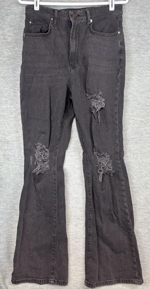 BDG Urban Outfitters High Rise Flare Jeans Black Distressed Ripped Size 30 thumbnail 1