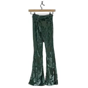 Oh Polly Devore Burnout Velvet Botanical Flare Pants Olive Green Boho Size 2 thumbnail 6