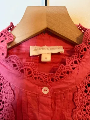 Jennifer & Grace Fuchsia High Neck Eyelet Crochet Lace Pintuck‎ Blouse thumbnail 2