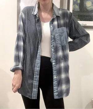American Eagle Multi Printed Plaid Chambray Denim Button up Shirt thumbnail 1