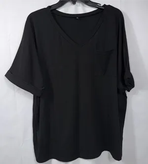 Womens XL Black V Neck Pocket Tee Rolled Sleeve Stretch Casual Oversized Top thumbnail 1