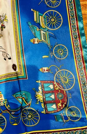 VINTAGE EQUESTRIAN horse&carriage ROYAL BLUE silky SCARF 35’/35’ inches thumbnail 13