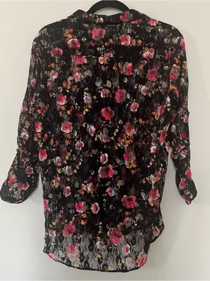 Black Pink Floral Lace Sheer Button Up Top Large Romantic Cottagecore Boho thumbnail 5