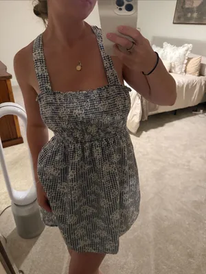 American Eagle Cream Smocked mini dress with Blue Plaid floral pattern thumbnail 5