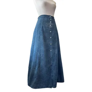 Blue Denim Floral Print Button Front A-Line Midi Skirt thumbnail 2