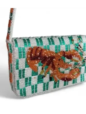 Handcrafted Lobster Crawfish Beaded shoulder Bag Checked stripped Sparkly NWT thumbnail 9