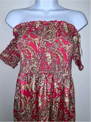 Women's Earthbound Trading Red Beige Paisley Off-Shoulder Maxi Dress XL thumbnail 4