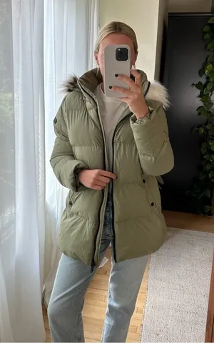 Sam Edelman Water Repellent Faux Fur Trim Puffer Jacket Quilted Green Women's M thumbnail 1
