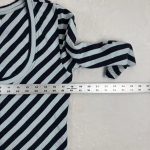 Maeve Anthropologie Womens Large Blue Navy Striped‎ Zip Front 3/4 Sleeve Rib Top thumbnail 3