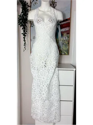 PrettyLittleThing White Flower Crochet Plunge Beach Cover Up Maxi Dress XL NWT thumbnail 4