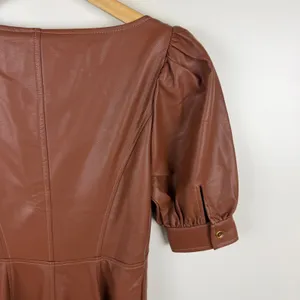 NWT By Anthropologie Vegan Leather Puff Sleeve Zip Front Midi Dress Size 2 Brown thumbnail 3
