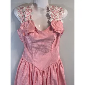 Vintage Alfred Angelo Floral Jacquard Midi Dress Lace Trim‎ Basque Waist 80s XS thumbnail 2