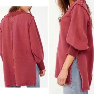 Free People Asher Thermal Oversized Shirt Stolen Kiss Maroon Red thumbnail 2