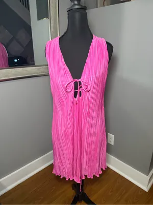 NWT Hello Molly Seen In plisse pleated textured tie pink Barbie mini dress small thumbnail 3
