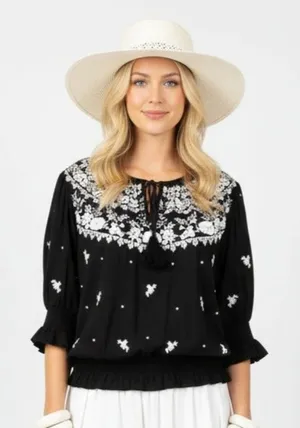Ralph Lauren Black & White Peasant Boho Cottagecore Embroidered Blouse Top M thumbnail 1