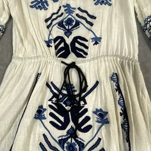 Free People Mini Dress Medium White Embroidered Blue Boho Cinch Artsy Beachy thumbnail 12