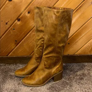 Unr8ed suede faux leather brown distressed heeled knee high boots thumbnail 2