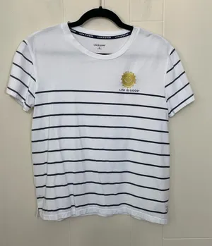 Life Is Good Sleep Tee Shirt Size M White Blue Stripe Short Sleeve Cotton Rayon thumbnail 1