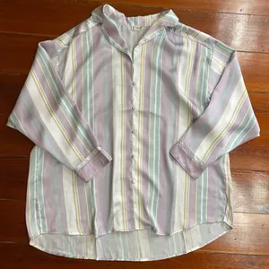 Free People Dreamy Days Satin Oversized Pastel Stripe Pajama Shirt Top XS 💛🎀 thumbnail 10