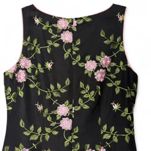 VTG Jessica Howard Embroidered Pink Roses Linen Blend Black Cocktail Dress Sz 14 thumbnail 6