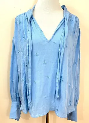 Free People Wishful Moments Pale Blue Gauzy Rayon Top With Self Tie M thumbnail 1