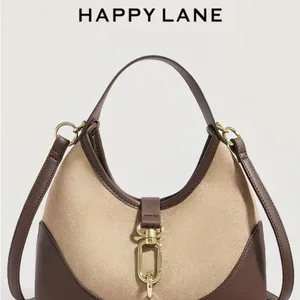 Happy Lane Two-Tone Hobo Shoulder Bag Suede Brown Beige Gold Hardware NIP thumbnail 10