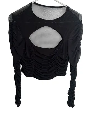 Women's Ruched Cut Out Top Blouse Long Sleeve Black Cropped Sheer Mesh thumbnail 1
