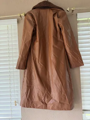 Boohoo Cognac Brown Faux Leather Long Trench Coat Sherpa Collar Size M thumbnail 2