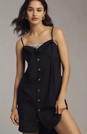 Maeve Anthropologie button front poplin sleeveless dress black xxs thumbnail 1