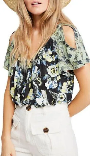 NWT Free People Baja Babe Cold Shoulder Floral Print Top Black Combo Size Medium thumbnail 3