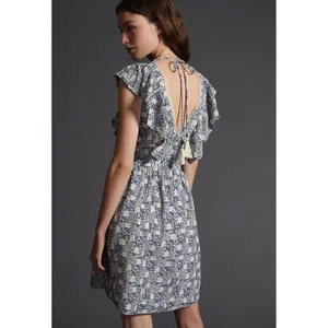 Anthropologie V-neck Plunge Tunic Mini Dress Blue White Floral Ruffle‎ Pockets thumbnail 2