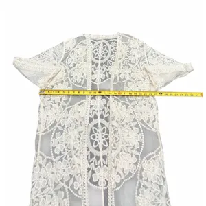 Kimono Duster‎ Womens Small Ivory Sheer Lace Embroidered Open Front Boho Fairy thumbnail 5