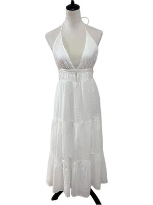 NWT En Crème White Swiss Dot Halter Open Back Cutout Tiered Summer Maxi Dress Sm thumbnail 3