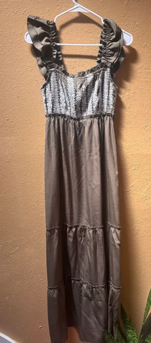 Boho Embroidered Ruffle Strap Tiered Maxi Dress Olive Brown Smocked Back Women thumbnail 1