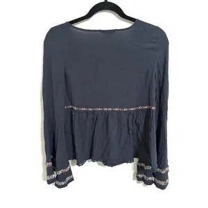 American Eagle Shirt Womens Small Blue Embroidered Boho Peasant Bell Sleeve Top thumbnail 2